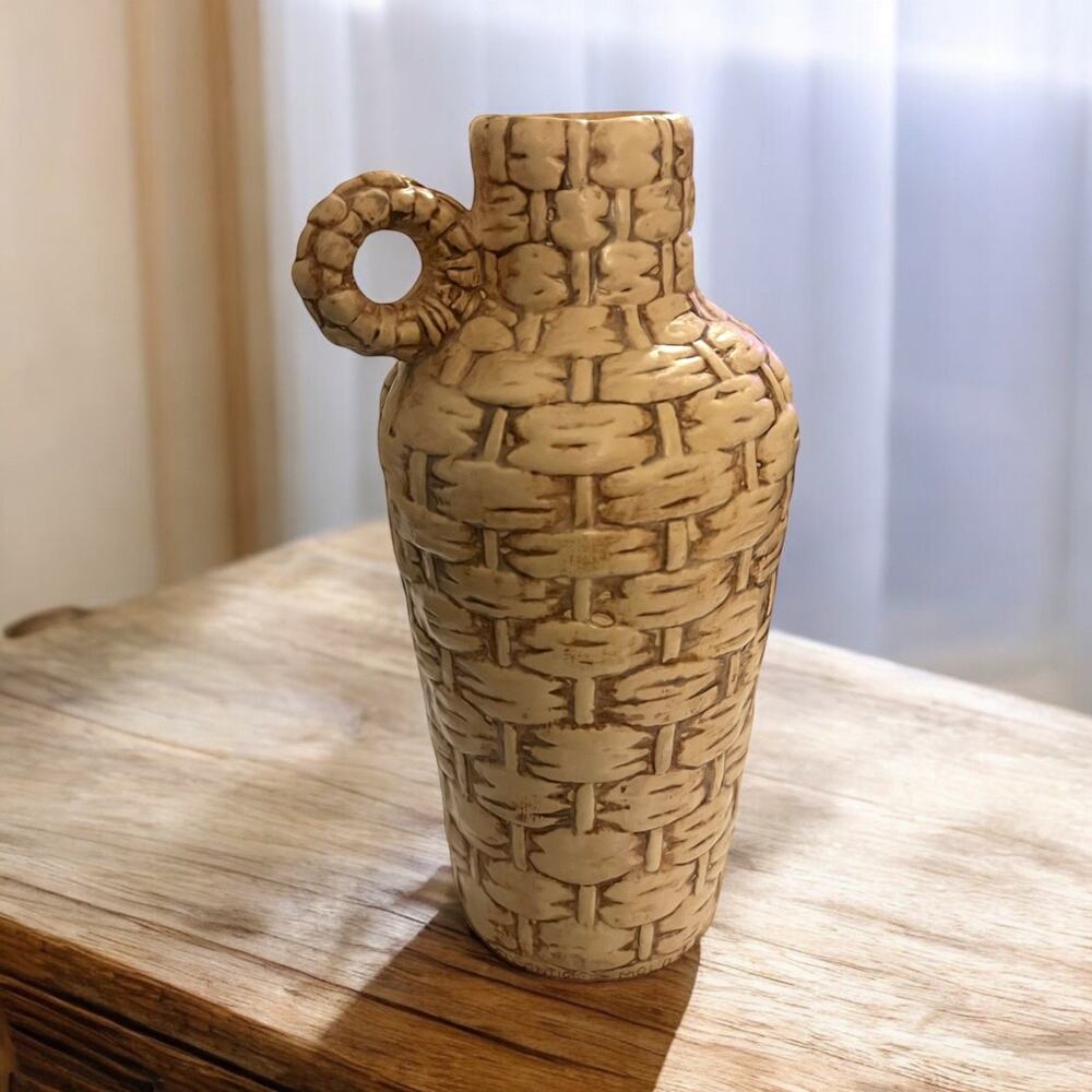 1970s VINTAGE Handmade Basket Weave Ceramic Jug Vase Artist Signed LM 1977